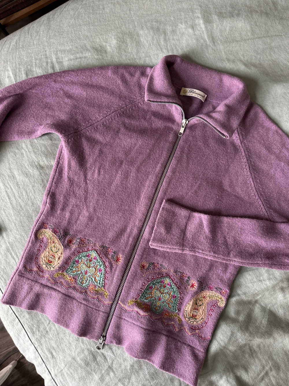 Blumarine Lilac Zip-Up Sweater with Paisley Embroidery